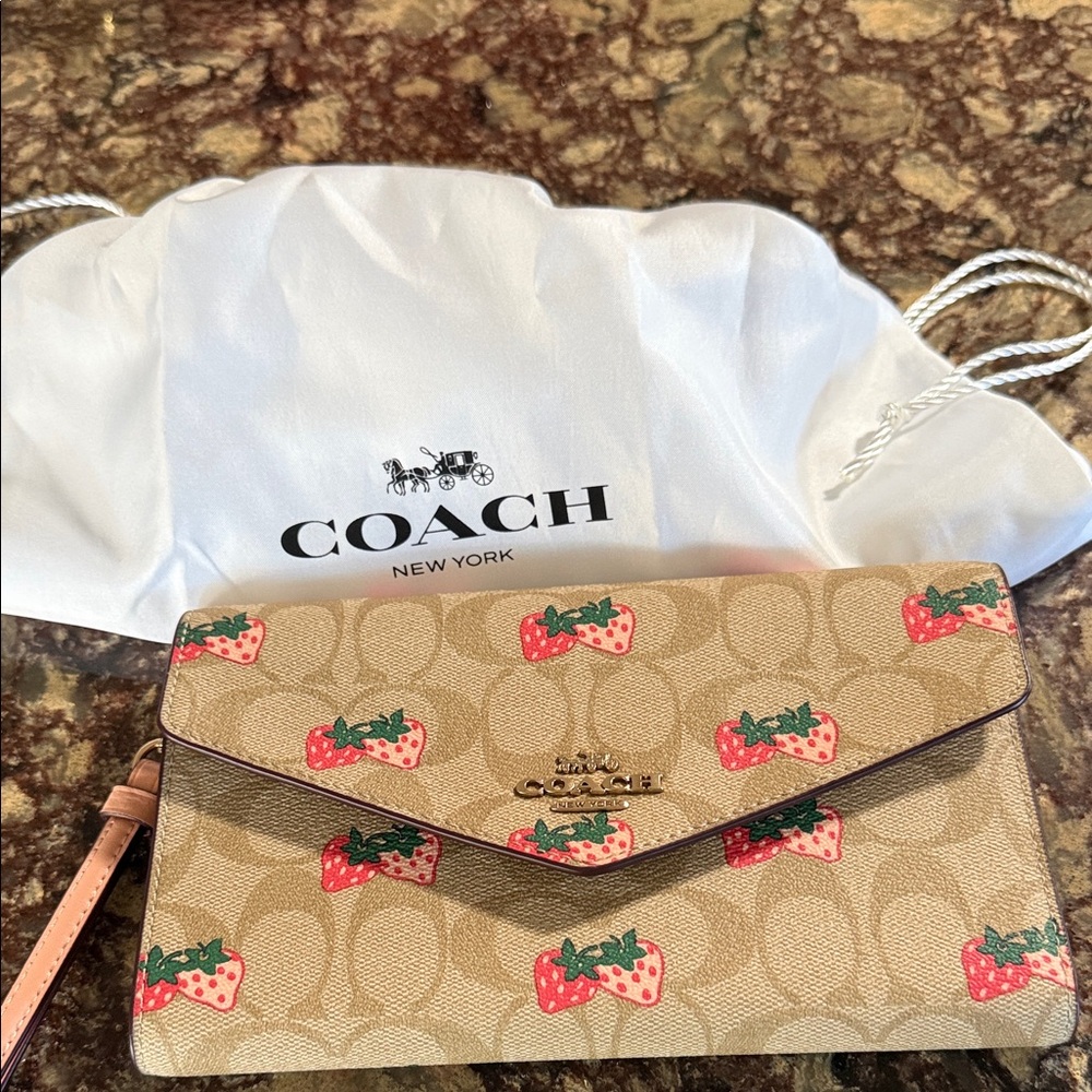 Coach Tan Wallet with Strawberry Design